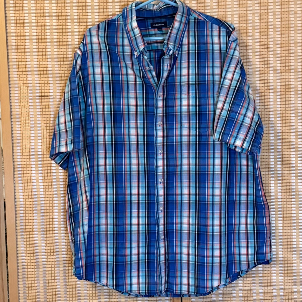 Croft & Barrow Mens XL Blue Plaid Short‎ Sleeve Button Down Shirt Cotton Blend